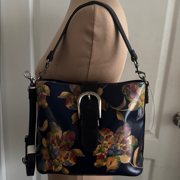 Patricia Nash Handbags - Patricia Nash Irving Bucket Crossbody Bag Distress Le Fleur Leather Black Blue